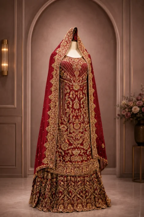 Ruby Red Zardozi Bridal Lehenga Set