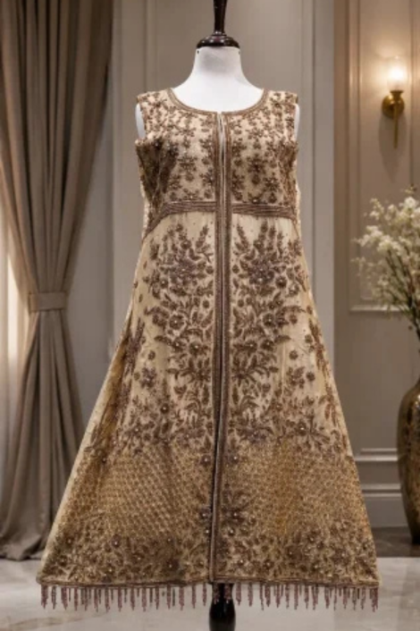 Champagne Zardozi Embroidered Open Gown Set