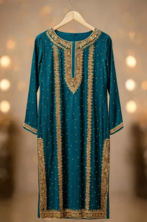 Teal Blue Gold Embroidered Formal Shirt