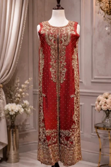 Ruby Red Zardozi Embroidered Long Jacket