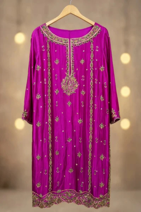 Magenta Gold Embroidered Formal Shirt