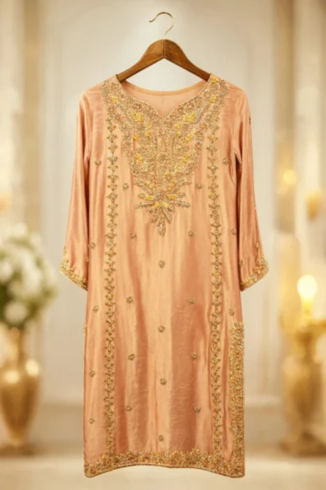 Peach Gold Embroidered Formal Shirt