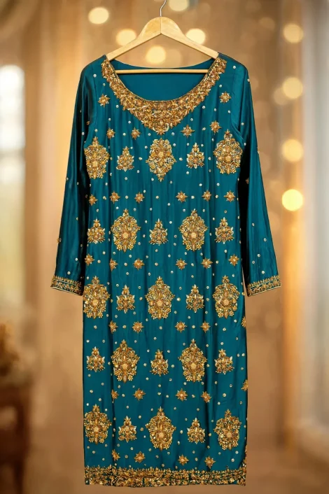 Teal Gold Embroidered Formal Shirt