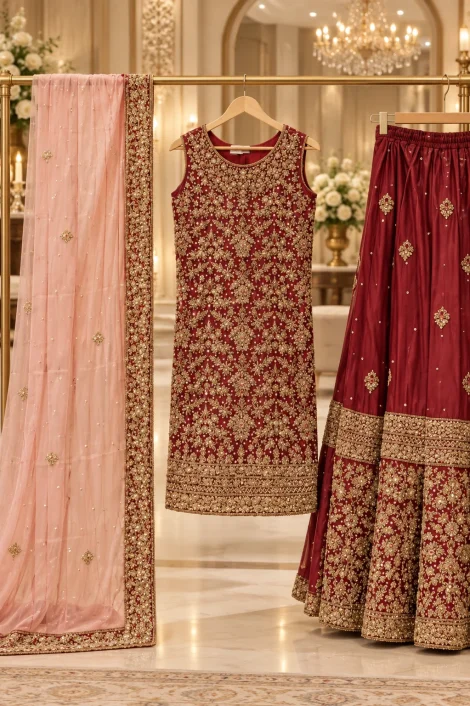 Ruby Maroon Zardozi Lehenga Set