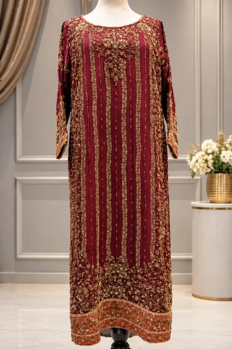Maroon Golden Embroidered Formal Shirt