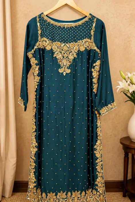 Teal Gold Zardozi Embroidered Formal Shirt